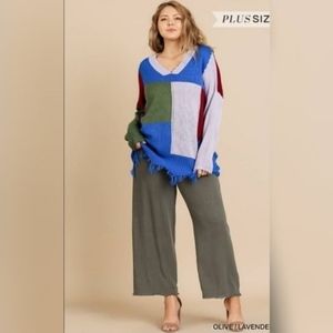 Umgee Plus Size Multi Color Blocked Long Sleeve V Neck Pullover Sweater